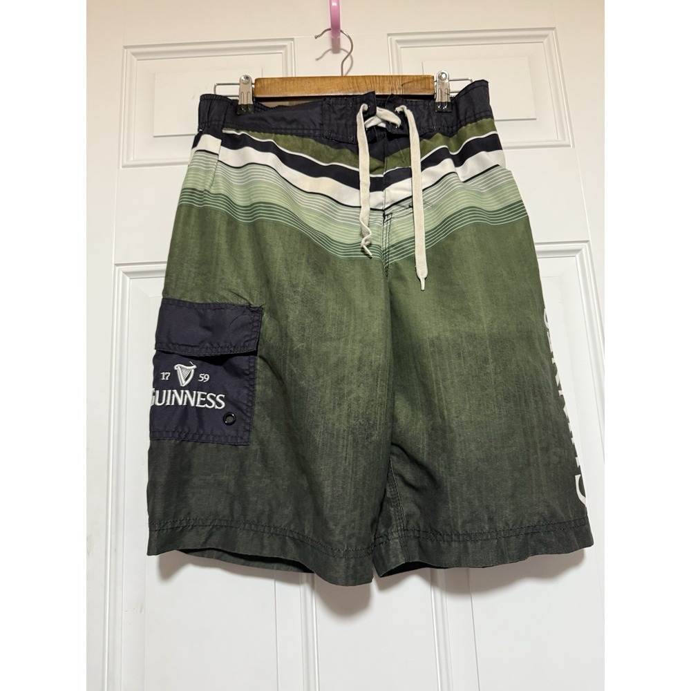 Guinness Mens Green Striped Draw String Board‎ Shorts Swim Trunks Size Small